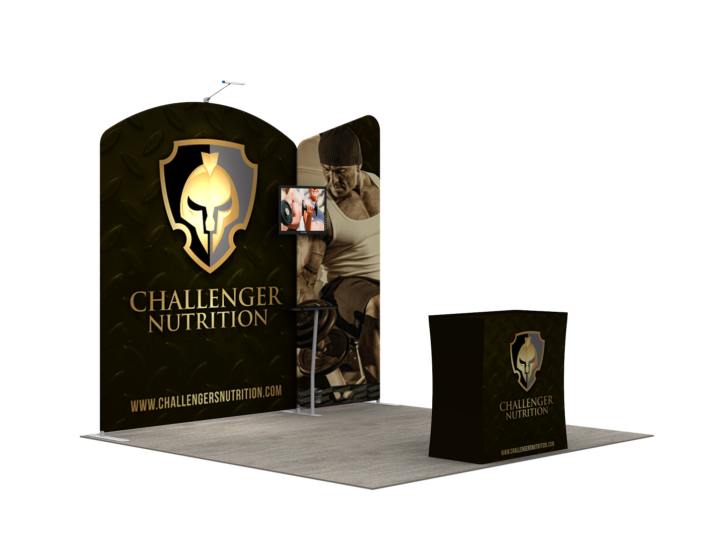 A lightweight portable and tool-free trade show displays for 10 x 10 booth spaces featuring custom printed tension fabric graphics all packed into a portable hard-shell wheeled convertible podium case