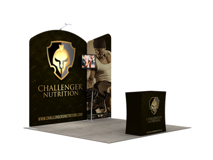 A lightweight portable and tool-free trade show displays for 10 x 10 booth spaces featuring custom printed tension fabric graphics all packed into a portable hard-shell wheeled convertible podium case