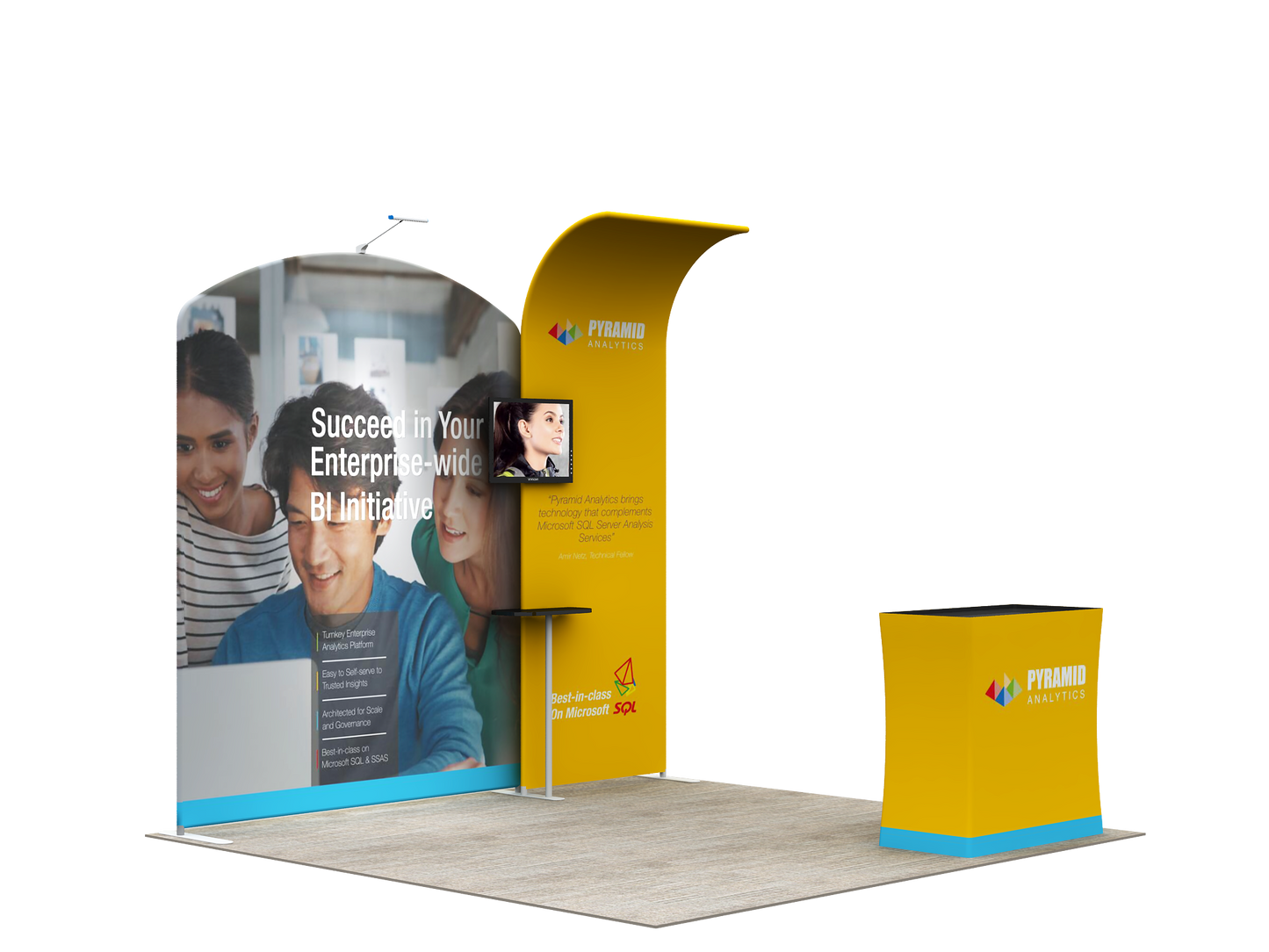 A lightweight portable and tool-free trade show displays for 10 x 10 booth spaces featuring custom printed tension fabric graphics all packed into a portable hard-shell wheeled convertible podium case