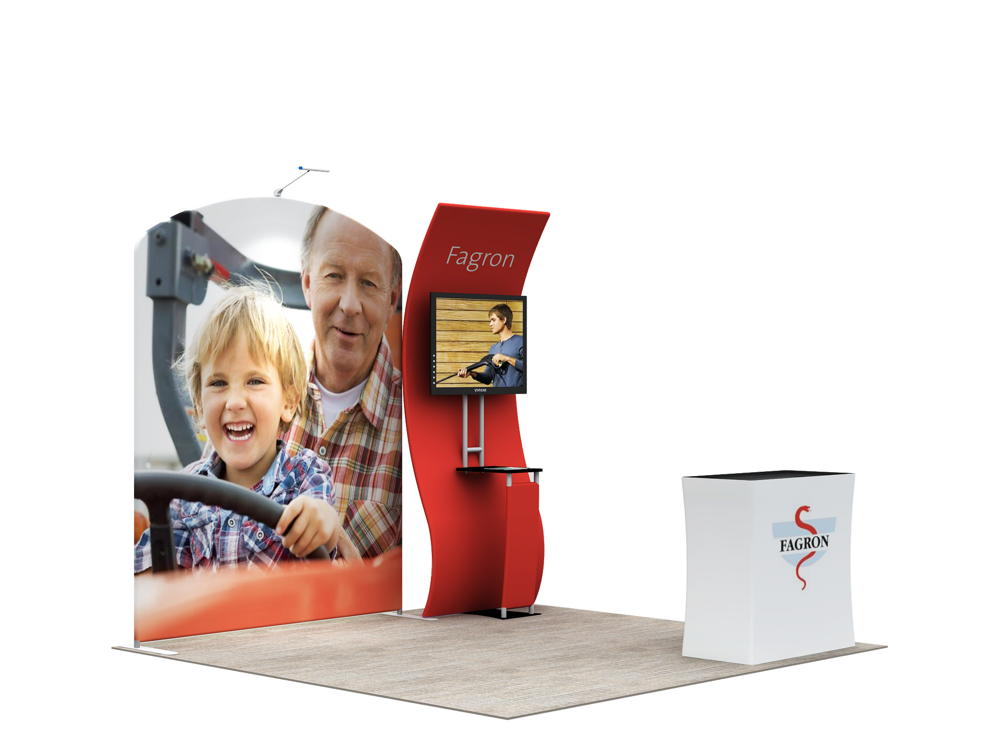 A lightweight portable and tool-free trade show displays for 10 x 10 booth spaces featuring custom printed tension fabric graphics all packed into a portable hard-shell wheeled convertible podium case