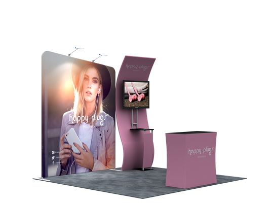 A lightweight portable and tool-free trade show displays for 10 x 10 booth spaces featuring custom printed tension fabric graphics all packed into a portable hard-shell wheeled convertible podium case