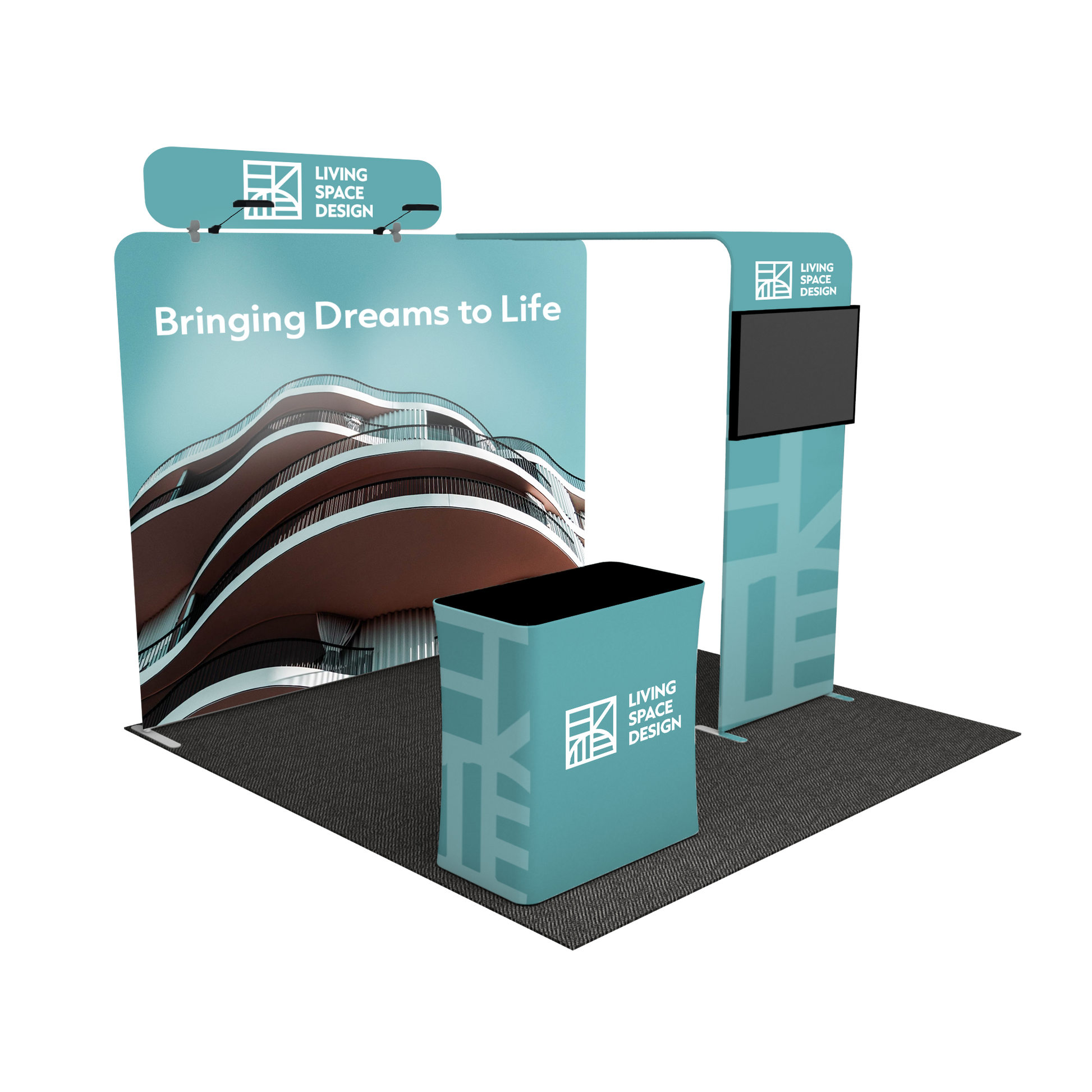 A lightweight portable and tool-free trade show displays for 10 x 10 booth spaces featuring custom printed tension fabric graphics all packed into a portable hard-shell wheeled convertible podium case
