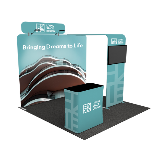 A lightweight portable and tool-free trade show displays for 10 x 10 booth spaces featuring custom printed tension fabric graphics all packed into a portable hard-shell wheeled convertible podium case