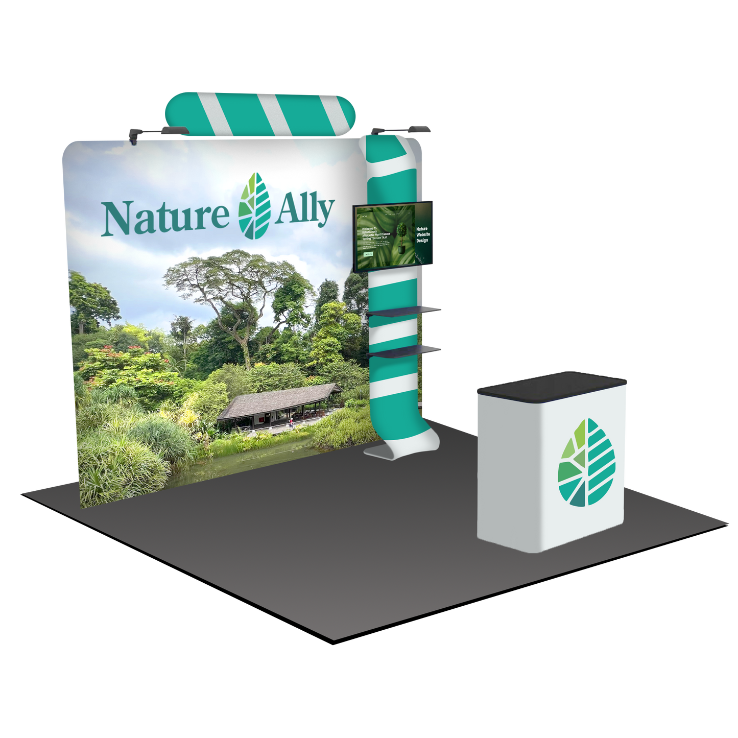 A lightweight portable and tool-free trade show displays for 10 x 10 booth spaces featuring custom printed tension fabric graphics all packed into a portable hard-shell wheeled convertible podium case