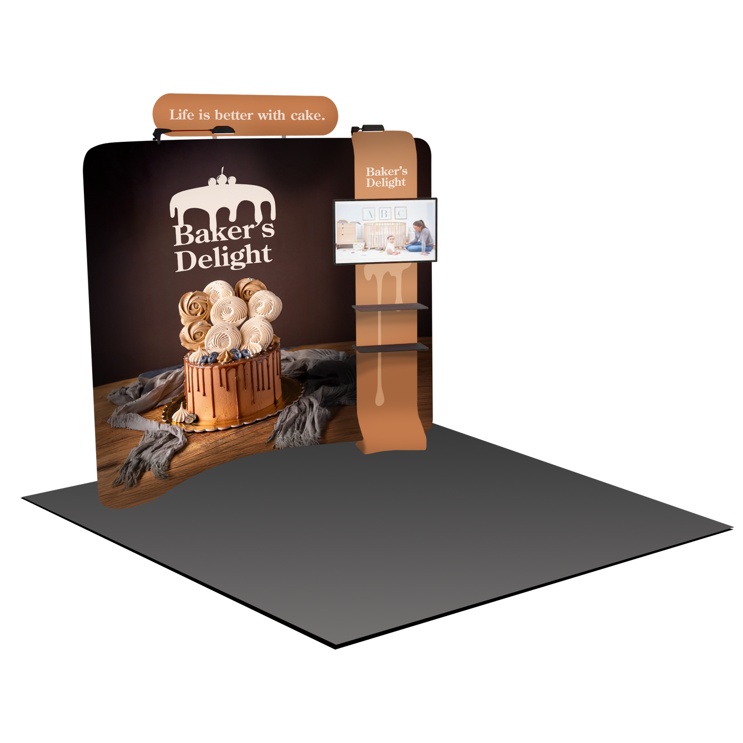 A lightweight portable and tool-free trade show displays for 10 x 10 booth spaces featuring custom printed tension fabric graphics all packed into a portable hard-shell wheeled convertible podium case