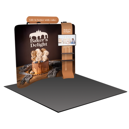 A lightweight portable and tool-free trade show displays for 10 x 10 booth spaces featuring custom printed tension fabric graphics all packed into a portable hard-shell wheeled convertible podium case