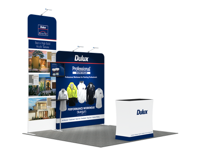 A lightweight portable and tool-free trade show displays for 10 x 10 booth spaces featuring custom printed tension fabric graphics all packed into a portable hard-shell wheeled convertible podium case