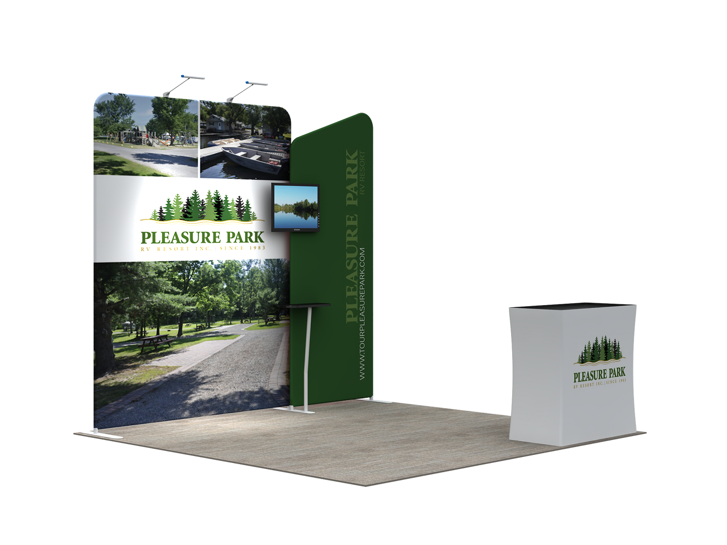 A lightweight portable and tool-free trade show displays for 10 x 10 booth spaces featuring custom printed tension fabric graphics all packed into a portable hard-shell wheeled convertible podium case