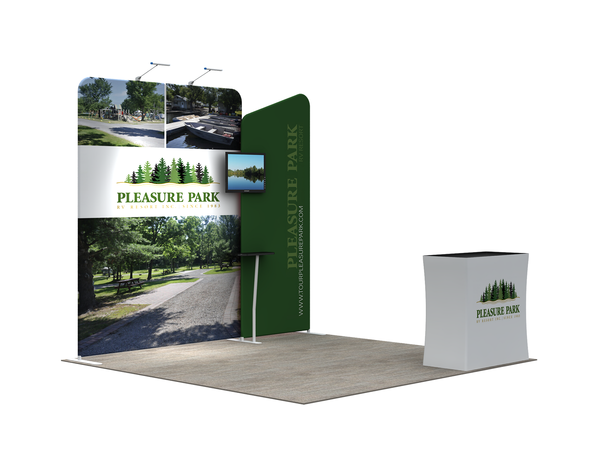 A lightweight portable and tool-free trade show displays for 10 x 10 booth spaces featuring custom printed tension fabric graphics all packed into a portable hard-shell wheeled convertible podium case