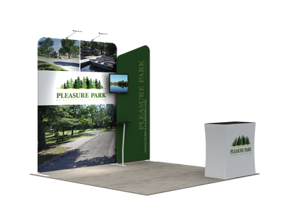 A lightweight portable and tool-free trade show displays for 10 x 10 booth spaces featuring custom printed tension fabric graphics all packed into a portable hard-shell wheeled convertible podium case