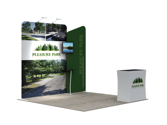 A lightweight portable and tool-free trade show displays for 10 x 10 booth spaces featuring custom printed tension fabric graphics all packed into a portable hard-shell wheeled convertible podium case