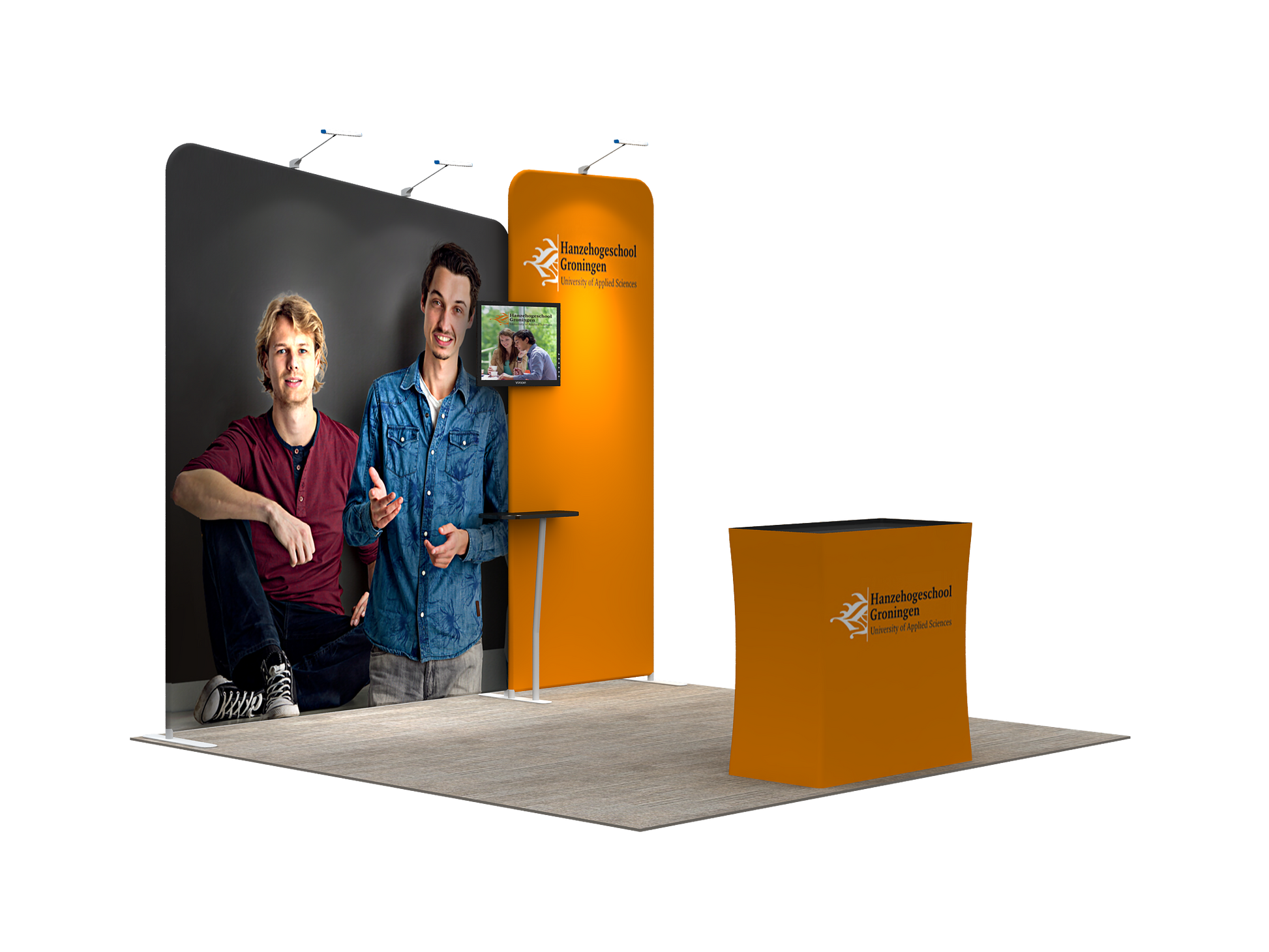 A lightweight portable and tool-free trade show displays for 10 x 10 booth spaces featuring custom printed tension fabric graphics all packed into a portable hard-shell wheeled convertible podium case