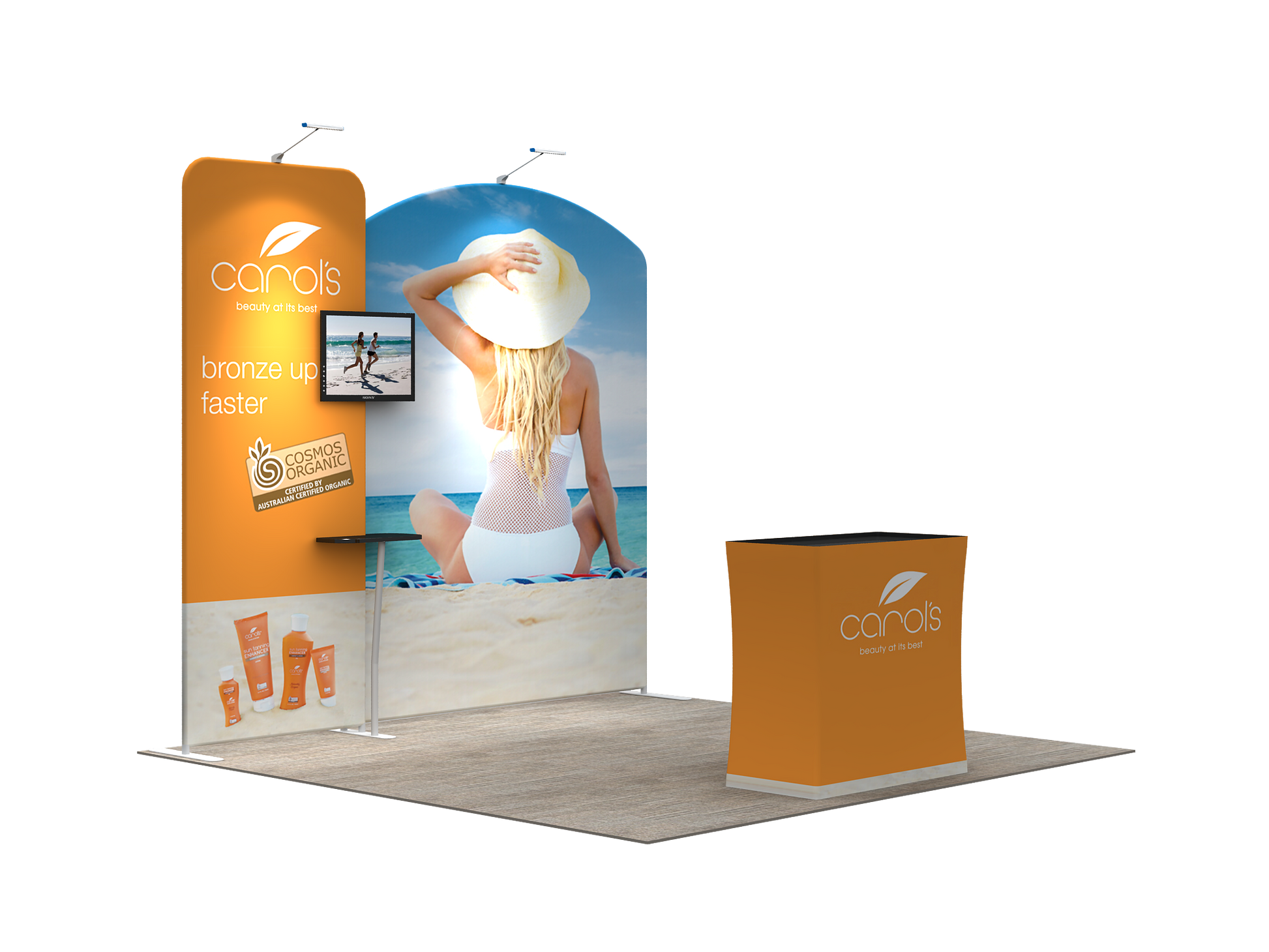 A lightweight portable and tool-free trade show displays for 10 x 10 booth spaces featuring custom printed tension fabric graphics all packed into a portable hard-shell wheeled convertible podium case