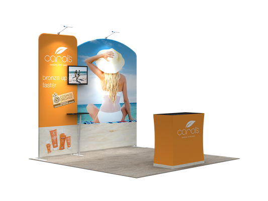 A lightweight portable and tool-free trade show displays for 10 x 10 booth spaces featuring custom printed tension fabric graphics all packed into a portable hard-shell wheeled convertible podium case