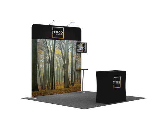 A lightweight portable and tool-free trade show displays for 10 x 10 booth spaces featuring custom printed tension fabric graphics all packed into a portable hard-shell wheeled convertible podium case