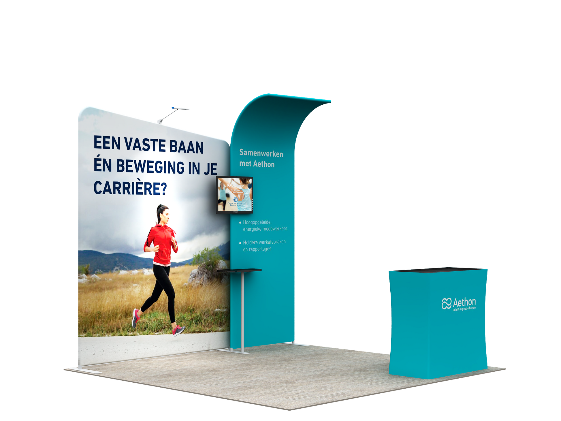 A lightweight portable and tool-free trade show displays for 10 x 10 booth spaces featuring custom printed tension fabric graphics all packed into a portable hard-shell wheeled convertible podium case
