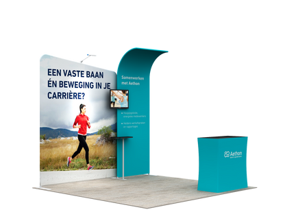A lightweight portable and tool-free trade show displays for 10 x 10 booth spaces featuring custom printed tension fabric graphics all packed into a portable hard-shell wheeled convertible podium case