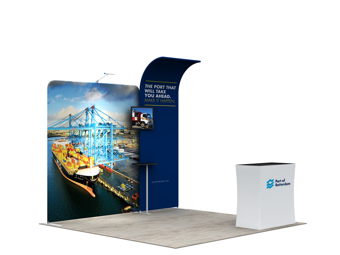 A lightweight portable and tool-free trade show displays for 10 x 10 booth spaces featuring custom printed tension fabric graphics all packed into a portable hard-shell wheeled convertible podium case