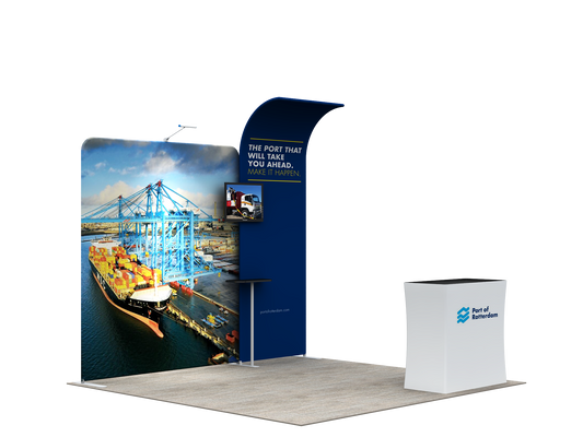 A lightweight portable and tool-free trade show displays for 10 x 10 booth spaces featuring custom printed tension fabric graphics all packed into a portable hard-shell wheeled convertible podium case