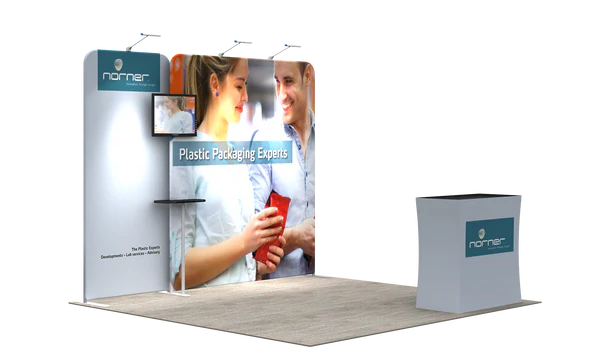 A lightweight portable and tool-free trade show displays for 10 x 10 booth spaces featuring custom printed tension fabric graphics all packed into a portable hard-shell wheeled convertible podium case