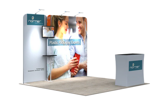 A lightweight portable and tool-free trade show displays for 10 x 10 booth spaces featuring custom printed tension fabric graphics all packed into a portable hard-shell wheeled convertible podium case