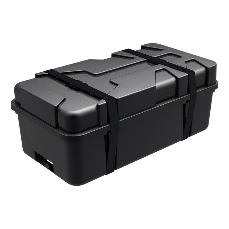 A large, black, rectangular storage box with a textured lid and two black straps—perfect for transporting the 10' Exhibit Kit - Style 1 or tension fabric backdrops to your next trade show. White background.