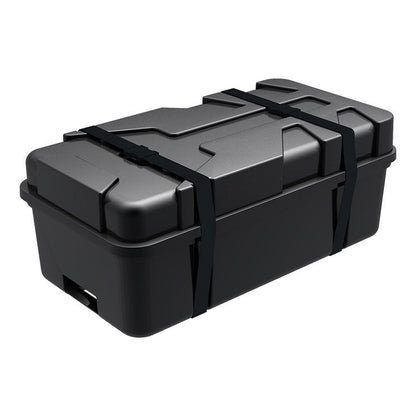 A large, black, rectangular storage box with a textured lid and two black straps—perfect for transporting the 10' Exhibit Kit - Style 1 or tension fabric backdrops to your next trade show. White background.